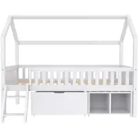 STILVORA Hausbett 90x200 Kinderbett mit Schubladen und Ablagefächern,Hausbett mit Anti-Drop-Geländer,Jugendbett mit Rausfallschutz,Weiß(Ohne Matratze)