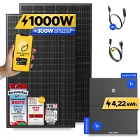 Solakon 1000W Balkonkraftwerk mit Speicher + Erweiterung ONE (4,22 kWh) Solaranlage Steckerfertig WIFI Komplettset Photovoltaik Anlage, Kabellänge: 3m