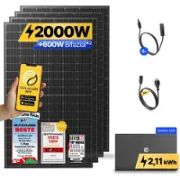 Solakon 2000W Balkonkraftwerk mit Speicher ONE (2,11 kWh) Solaranlage Steckerfertig WIFI Komplettset Photovoltaik Anlage 800W, Kabellänge: 3m