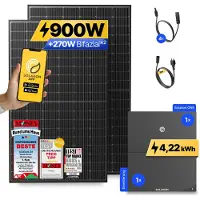 Solakon 900W Balkonkraftwerk mit Speicher + Erweiterung ONE (4,22 kWh) Solaranlage Steckerfertig WIFI Komplettset Photovoltaik Anlage, Kabellänge: 3m