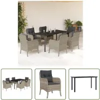 The Living Store 7-tlg. Garten-Essgruppe mit Kissen Hellgrau Poly Rattan