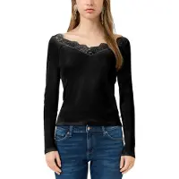 QS Langarmshirt , Damen, Gr. L (40), schwarz, Feinripp, Obermaterial: 100% Baumwolle, unifarben, tailliert hüftbedeckend, V-Ausschnitt, Shirts Langarmshirt, mit Spitzen-V-Ausschnitt