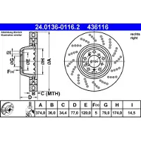 Ate Bremsscheibe 24.0136-0116.2 vorne, belüftet, hochkarbonisiert, 1 Stück