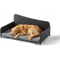 Relaxdays Hundebett Rattan, XL, HBT: 38x87x49 cm, erhöhtes Hundeliege mit Kissen, Hundesofa, outdoor & indoor, grau