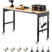 Vevor Werkbank 1524x559x711-1030mm, 907 kg Tragkraft, Werktisch mit Steckdose, Rädern und Stecktafel, robuster Arbeitstisch mit Eichenholzplatte für Garage, Werkstatt, Büro und Zuhause