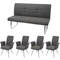 Mendler Set 4x Esszimmerstuhl+Sitzbank HWC-G55, Bank Küchenstuhl Stuhl+Armlehne, Stoff/Textil Edelstahl grau-braun Bank 180cm
