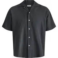 Jack & Jones Kurzarmhemd "JJEBREEZE LINEN BLEND RESORT SHIRT SS SN", Herren, Gr. L, N-Gr, schwarz, Web, Obermaterial: 70% Baumwolle, 30% Leinen, unifarben, normal, Hemden Kurzarmhemd, mit Knopfleiste