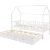En.casa Doppel-Kinderbett ’Aarghonmaa‘ in Hausoptik 90 x 200 cm mit Ausziehbett Rausfallschutz und 2 Schubladen Kiefernholz Weiß