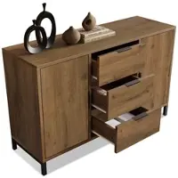 OKWISH Hochschrank Aufbewahrungsschrank mit LED Beleuchtung und Schubladen,Küchenschrank mit Stauraum und verstellbaren Einlegeböden,Barschrank mit Steckdose und ,Schwarz + Natur