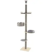 Costway Kratzbaum deckenhoch, 236-271 cm, 5-stöckiger Katzenbaum mit Hängematte, Plattformen&Bett , Katzenkratzbaum hoch, Katzenmöbel Holz, Grau