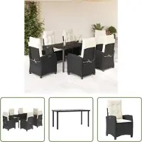 The Living Store 7-tlg. Garten-Essgruppe mit Kissen Schwarz Poly Rattan