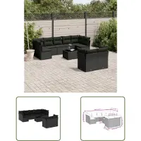 The Living Store 10-tlg. Garten-Sofagarnitur mit Kissen Schwarz Poly Rattan