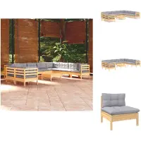 vidaXL 11-tlg. Garten-Lounge-Set mit Grauen Kissen Massivholz Kiefer - Gartenmöbel-Sets