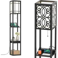 Costway Stehleuchte Regal, Standleuchte Holz E27 Stehlampe, Moderne Innenbeleuchtung mit 3-Ebenen, Bodenlampe für Schlafzimmer 160x26x26cm (Blumen)