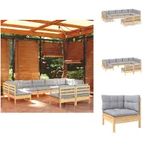 vidaXL 9-tlg. Garten-Lounge-Set mit Grauen Kissen Kiefer Massivholz - Gartenmöbel-Sets