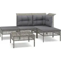 Syfax 5-tlg. Garten-Lounge-Set mit Kissen Grau Poly Rattan
