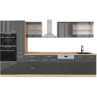 Vicco Küchenzeile R-Line Anthrazit Hochglanz/Goldkraft Eiche 350 cm mit Hochschrank, AP Eiche, Model 49473