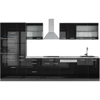 Vicco Küchenzeile R-Line Schwarz Hochglanz/Anthrazit 350 cm mit Hochschrank, AP Marmor, Model 49828