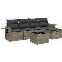 Syfax 6-tlg. Garten-Sofagarnitur mit Kissen Hellgrau Poly Rattan