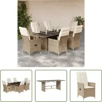 The Living Store 7-tlg. Garten-Essgruppe mit Kissen Beige Poly Rattan