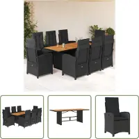 The Living Store 9-tlg. Garten-Essgruppe mit Kissen Schwarz Poly Rattan