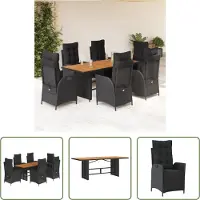 The Living Store 7-tlg. Garten-Essgruppe mit Kissen Schwarz Poly Rattan