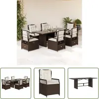 The Living Store 7-tlg. Garten-Essgruppe mit Kissen Braun Poly Rattan