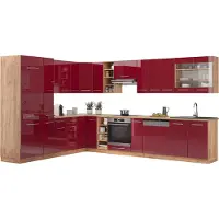 Vicco Eckküche Fame-Line Bordeaux Hochglanz/Goldkraft Eiche 347 x 257 cm ohne Arbeitsplatte, Model 38701