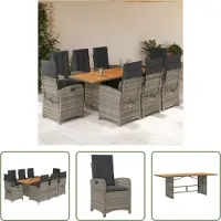 The Living Store 9-tlg. Garten-Essgruppe mit Kissen Grau Poly Rattan