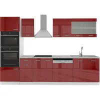 Vicco Küchenzeile R-Line Rot Hochglanz 300 cm mit Hochschrank, AP Marmor, Model 30521