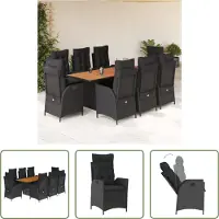 The Living Store 9-tlg. Garten-Essgruppe mit Kissen Schwarz Poly Rattan