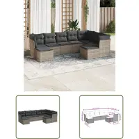 The Living Store 9-tlg. Garten-Sofagarnitur mit Kissen Grau Poly Rattan