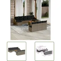 The Living Store 11-tlg. Garten-Sofagarnitur mit Kissen Grau Poly Rattan