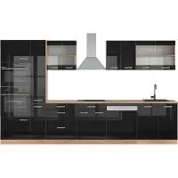 Vicco Küchenzeile R-Line Schwarz Hochglanz/Goldkraft Eiche 350 cm mit Hochschrank, AP Eiche, Model 49836