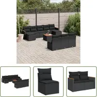 The Living Store 11-tlg. Garten-Sofagarnitur mit Kissen Schwarz Poly Rattan