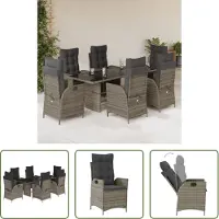 The Living Store 7-tlg. Garten-Essgruppe mit Kissen Grau Poly Rattan
