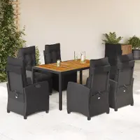 The Living Store 7-tlg. Garten-Essgruppe mit Kissen Schwarz Poly Rattan