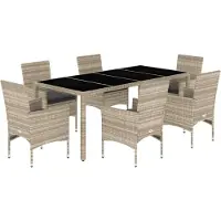 Syfax 7-tlg. Garten-Essgruppe mit Kissen Hellgrau Poly Rattan & Glas