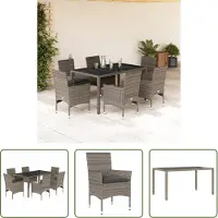The Living Store 7-tlg. Garten-Essgruppe mit Kissen Grau Poly Rattan und Glas