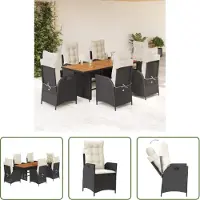 The Living Store 7-tlg. Garten-Essgruppe mit Kissen Schwarz Poly Rattan