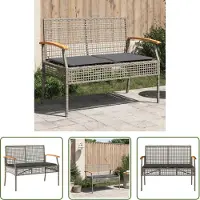 The Living Store Gartenbank mit Kissen Grau Poly Rattan Akazienholz