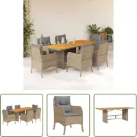 The Living Store 7-tlg. Garten-Essgruppe mit Kissen Beige Poly Rattan