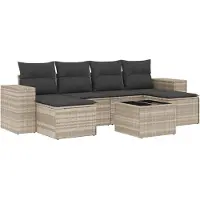 Syfax 7-tlg. Garten-Sofagarnitur mit Kissen Hellgrau Poly Rattan