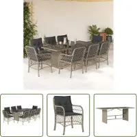 The Living Store 9-tlg. Garten-Essgruppe mit Kissen Hellgrau Poly Rattan