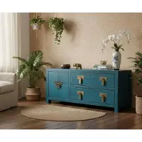 OPIUM OUTLET Orientalische Vintage Möbel Asia TV Kommode Sideboard Lowboard Schrank Fernsehkästchen chinesisch asiatisch fernöstlich Landhaus-Stil blau montiert