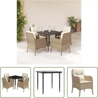 The Living Store 5-tlg. Garten-Essgruppe mit Kissen Beige Poly Rattan