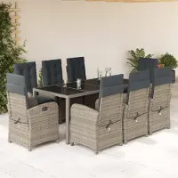 The Living Store 9-tlg. Garten-Essgruppe mit Kissen Grau Poly Rattan