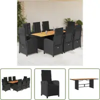 The Living Store 9-tlg. Garten-Essgruppe mit Kissen Schwarz Poly Rattan