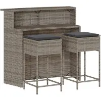 Syfax 3-tlg. Gartenbar-Set mit Kissen Grau Poly Rattan