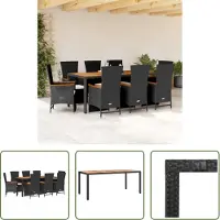 The Living Store 9-tlg. Garten-Essgruppe mit Kissen Schwarz Poly Rattan